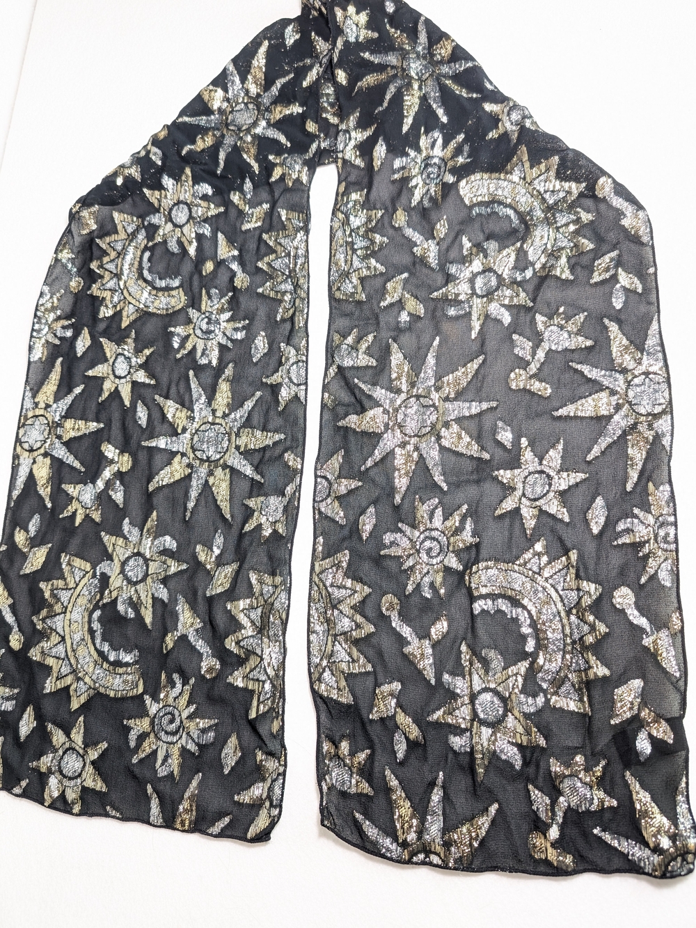 Vintage Celestial Scarf With Lurex Metallic Moons And Stars 56" x 10" Rectangle